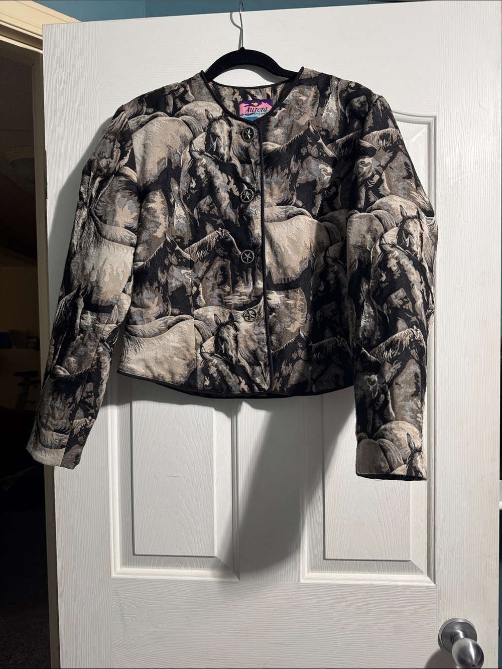 Aurora Clothing Horse Print Tapestry Jacket L Western Equestrian Quilted Blazer